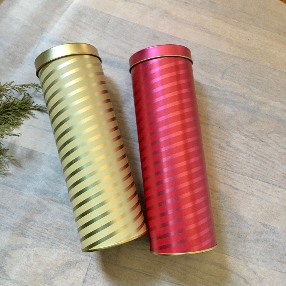LP Vintage 90s Set of 2 Metal Stripe Cylinder Tins Spaghetti Canisters + Lids